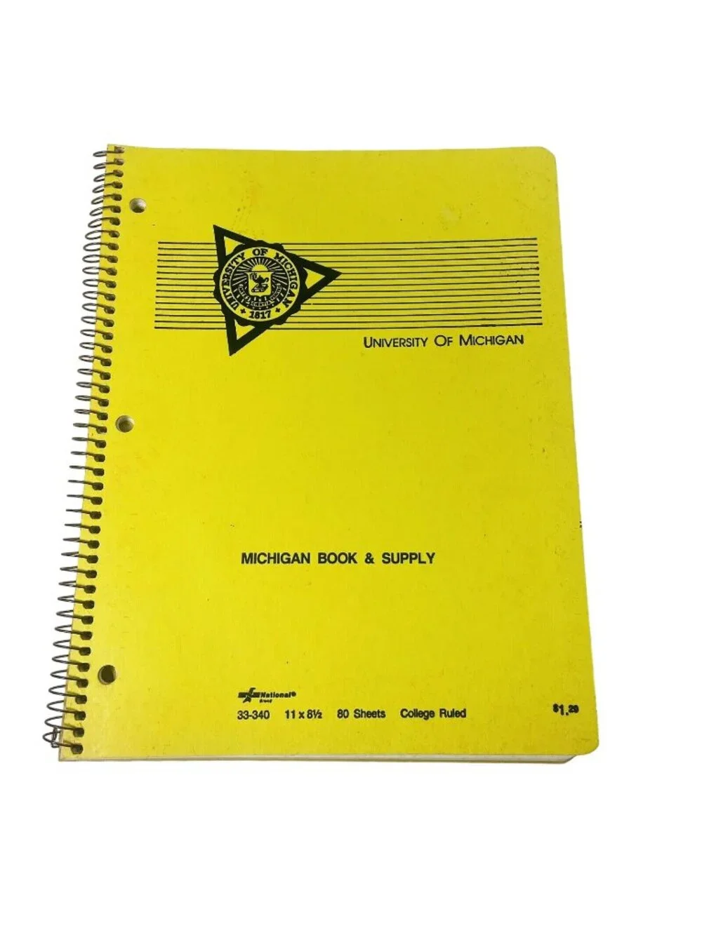 University Of Michigan College Ruled Spiral Yellow Vintage Paper Notebook